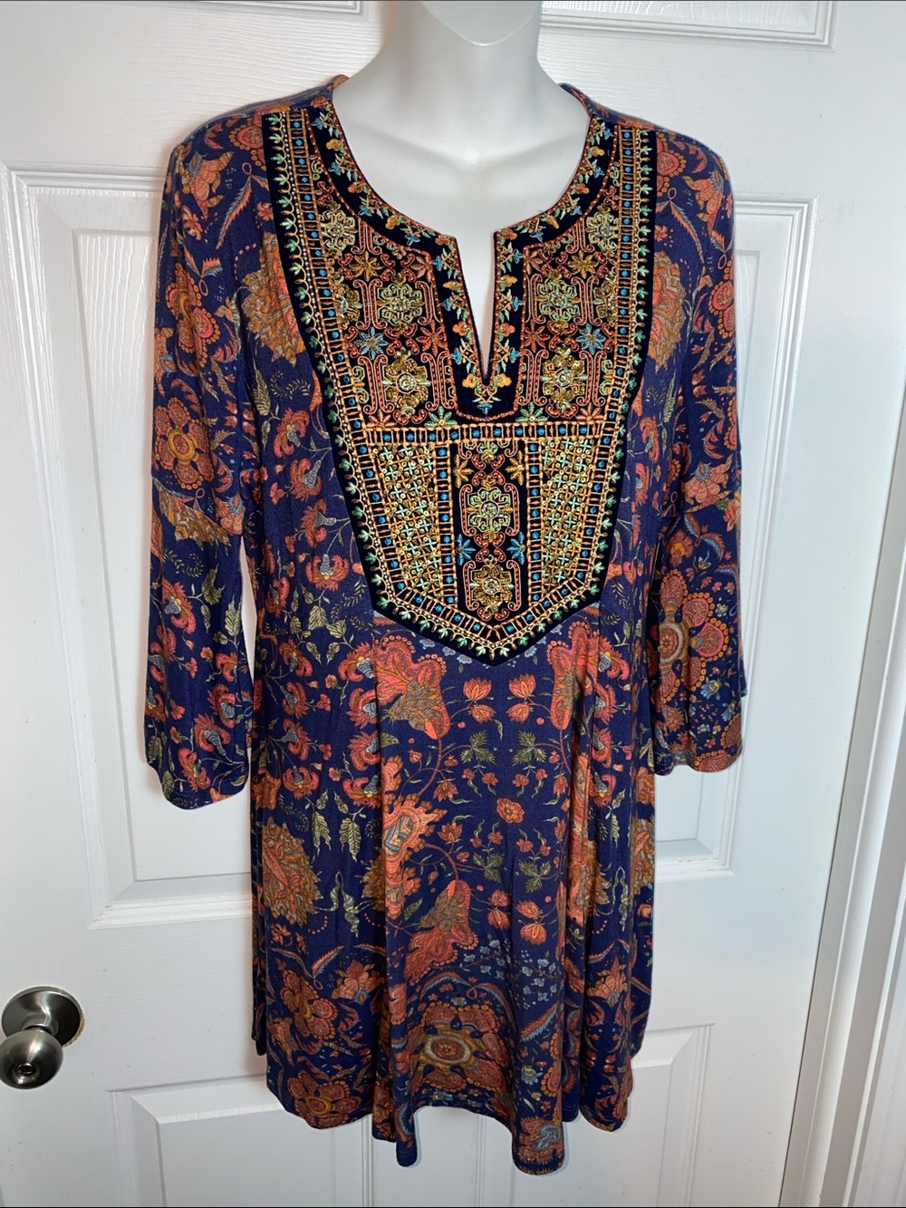 Soft Surroundings Blue  Floral Paisley Top with Rust and Gold Accents Size S
